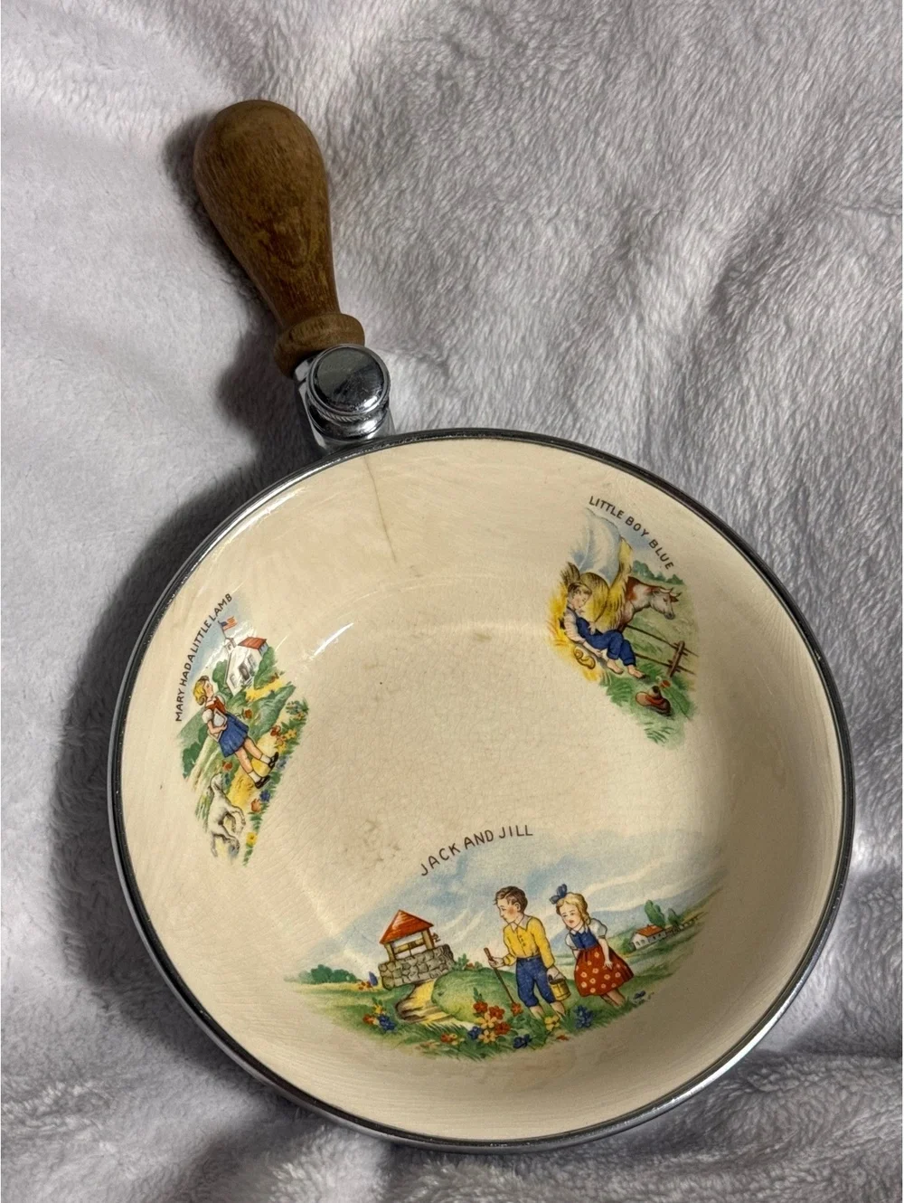 Vintage Farberware Little Boy Blue and Jack and Jill Enamelware Pan with Wooden-